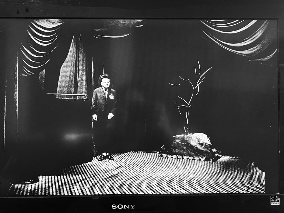 Picture of my TV with the movie Eraserhead paused. Jack Nance stands on a stage near a tree.