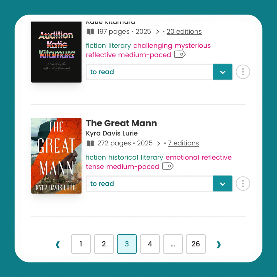 A StoryGraph library list view showing multiple books in a vertical list with covers, titles, authors, tags, and “to read” status dropdowns. At the bottom of the page, numbered pagination controls are visible, with page numbers displayed and page 3 highlighted as the current page, along with arrows for navigating to previous and next pages.