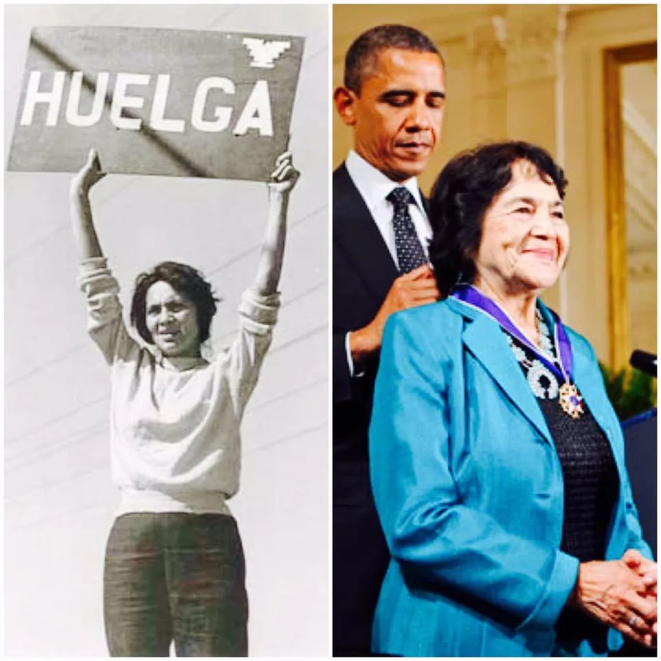 On the left is a black and white photograph of Dolores Huerta holding a sign above her head that reads: Huelga. On the right is a color photograph of Huerta standing in front of President Barack Obama who is tying a medal around her neck.