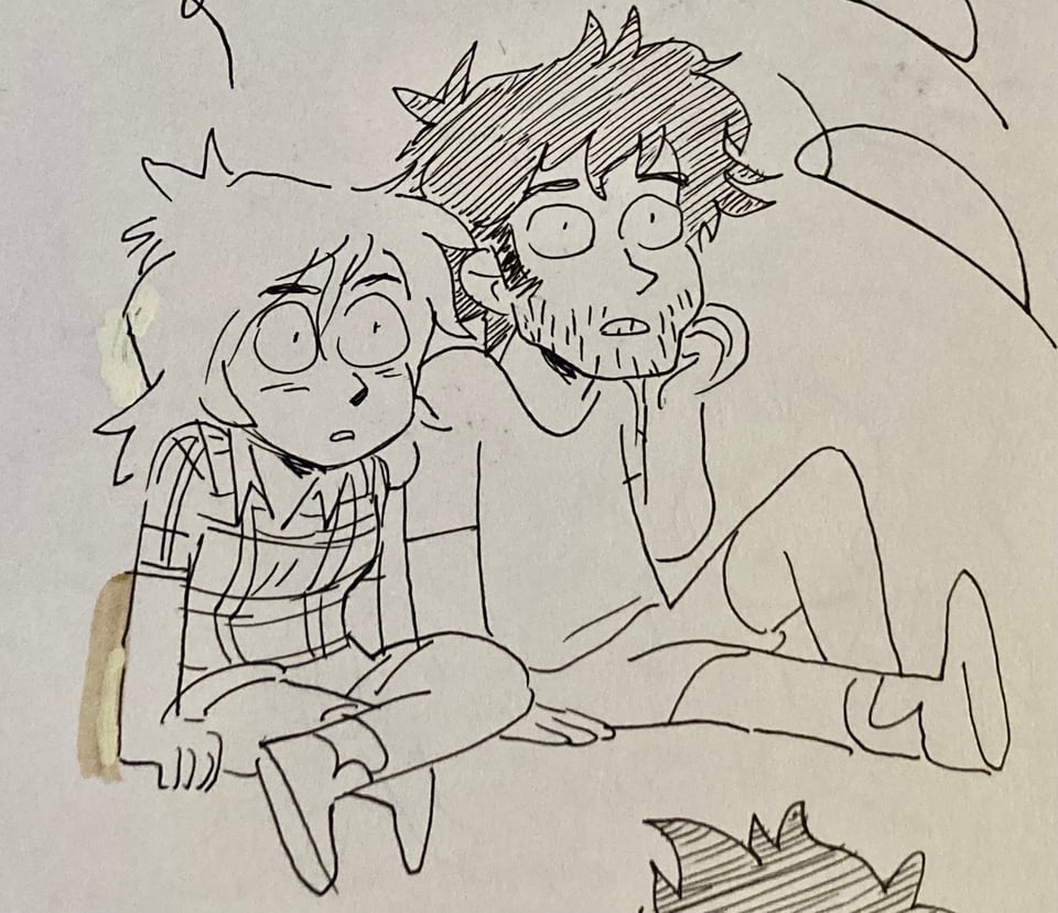 a sketchbook drawing of Mara and Theo from the game Perfect Tides: Station to Station, watching something unknown in quiet anticipation
