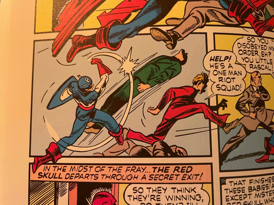 A panel from the original Captain America comic in the 1940s. Cap punches a nazi and they fly through the air like a rocket