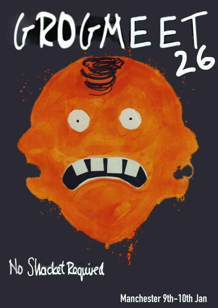 A cartoon of a melting, orange, three-headed not Phil Collins. Celebrates the 2026 Grogmeet, No Shacket Required.