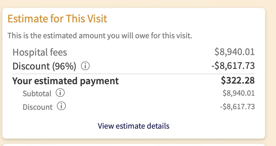 Image of medical billing form, in which a procedure that would cost $8,940 was discounted 96% to $322