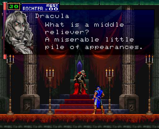 Screenshot from Konami's Castlevania: Symphony of the Night. Dracula, sitting cross-legged on his throne, white-skinned and -haired and red-eyed with a smug look on his vampiric face, says "What is a middle reliever? A miserable little pile of appearances" to Richter Belmont, a blue-clad hero standing with arms ready to fight against him.