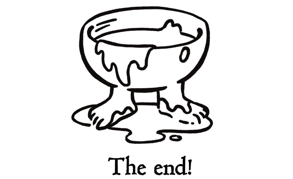 A black and white line drawing of a footed bowl, covered in cheesy dip. Text at the bottom says "The end"