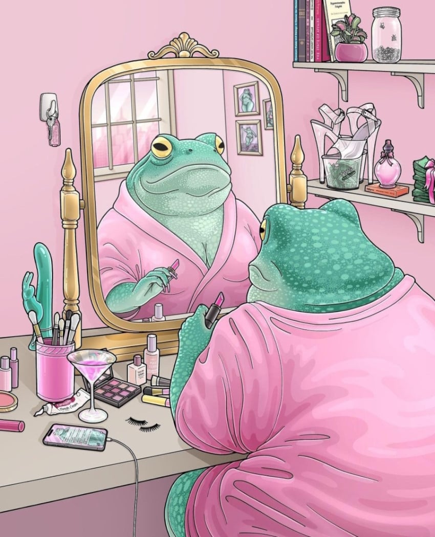 a frog in a pink robe looking at herself in the mirror as she prepares to do her make up.