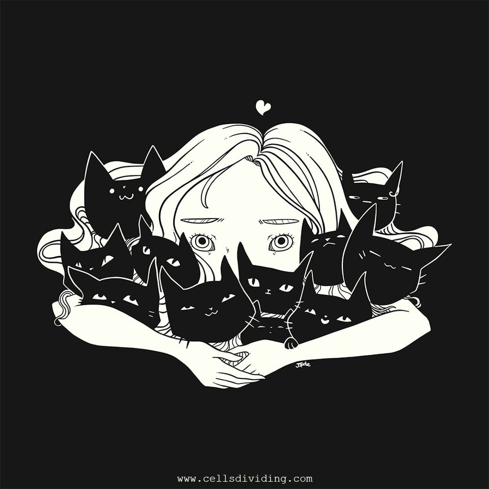 An illustration of a girl leaning over and holding a bunch (11!) black cats in her arms