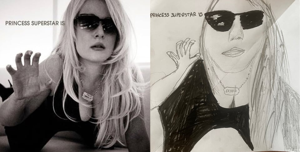 A black and white photo of a white woman with long straight blonde hair, wearing sunglasses and wearing lipstick and a black bodysuit. She appears to be crawling across a couch, while looking at the camera. One hand is raised in a cat scratch gesture. A gold necklace dangles from her neck.