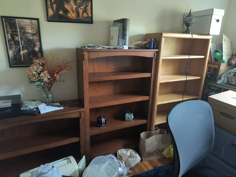 Picture of three bookcases completely cleared out of books with some various detritus behind including brownie cameras.