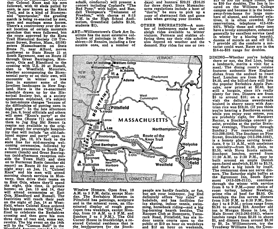 Image of a map and text from a New York Times Travel section piece about the Berkshires in December 1975. It talks about things like the "Knox Trail," and the daily airline service between Pittsfield and LaGuardia.