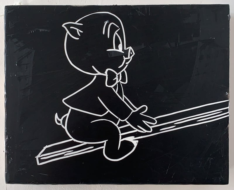 Little painting of Porky Pig riding a see saw. He is at the bottom. You cannot see who is on the other side. Perhaps no one.