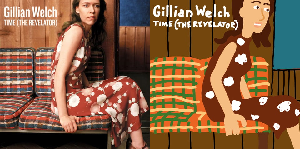 Gillian Welch, a thin white woman with long brown hair, sits on a table that have cushions on them. (They're calling this a futon in the Bluesky comments but honestly I don't think that's what this is. That looks like storage underneath the cushions.) She is in a red dress covered with white flower shapes. The cushions have a multicolored, striped, kind of plaid pattern on them. The woman looks off to the right with a slight look of puzzlement.