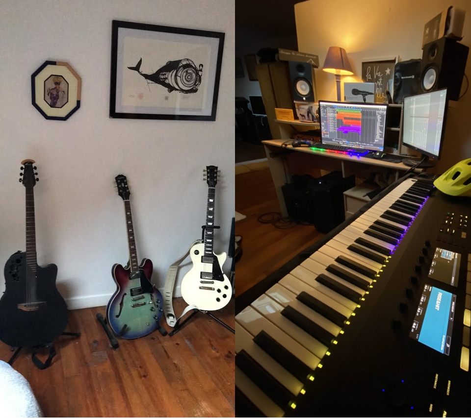 two vertical pictures side by side. On the first one, three guitars, one black, one blue and one white against a white wall. There are two frames with semi abstract art above. On the other picture we can see a piano keyboard with yellow/purple LEDs, and a computer screen with a mixing software open