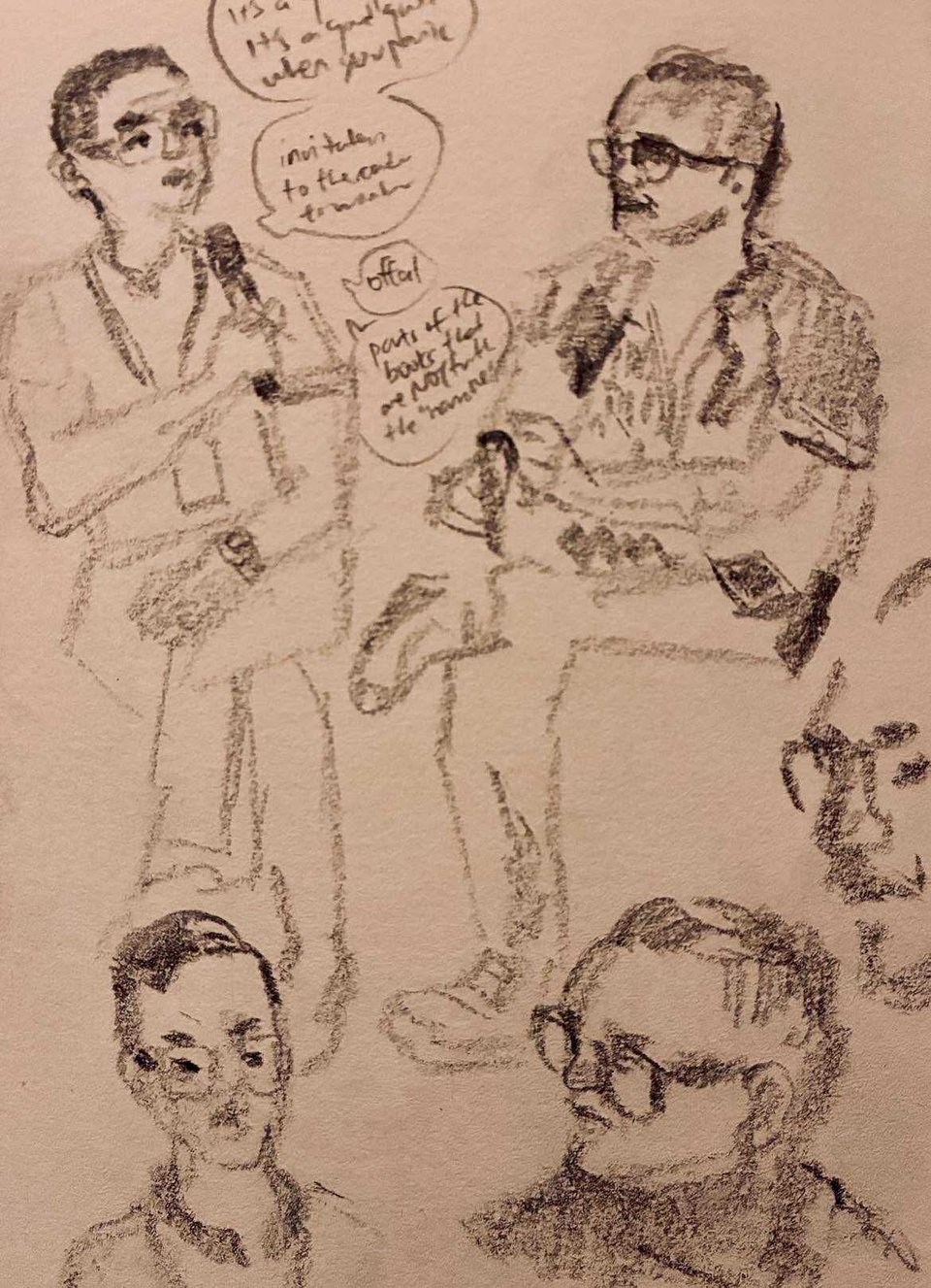 Sketches of Siang Lu and myself, with word balloons capturing our conversation.