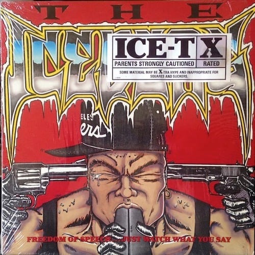 A very skatepunk/high-school level drawing of a Black man, in a black tank top and black LA Raiders baseball cap, with a shotgun shoved in his mouth, and with a gun pressed against each side of his head. The guns are all held by black-gloved hands. The Black man is sweating profusely, and a tear wells up in his right eye.