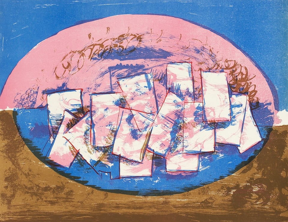 Very abstract painting. In the background, the top half of the canvas is blue, like late morning sky over the ocean, and the ground is brown. In front of that there is a pink and brown ellipse with white squares and squiggles. I like this one, but many others might not.