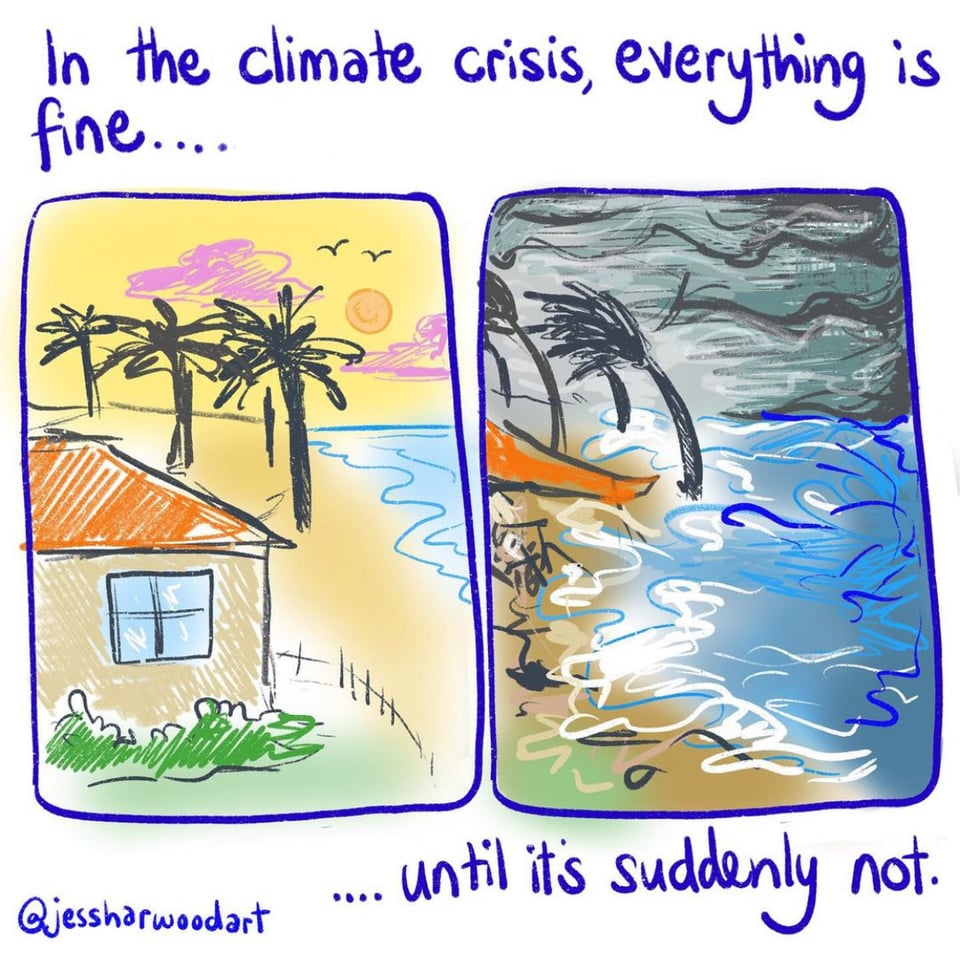 Cartoon by Jess Harwood with a picture of a sunny beach on one side, and a stormy beach on the other, reading