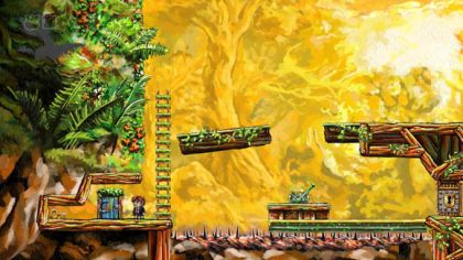 Screenshot of Braid's development cycle, showing the final version of the art by David Hellman over Jonathan Blow (developer)'s original design. Originally published on Wikipedia.