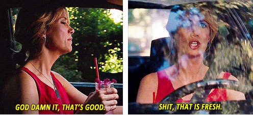 Stills of Kristen Wiig in Bridesmaid holding a drink in her car. Subtitled: "God damn it, that's good. Shit, that is fresh."