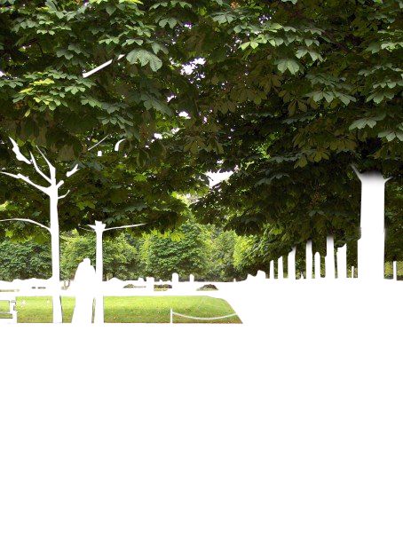 a scene in Paris with a tree-lined walkway and a couple embracing, but only the green parts of the image