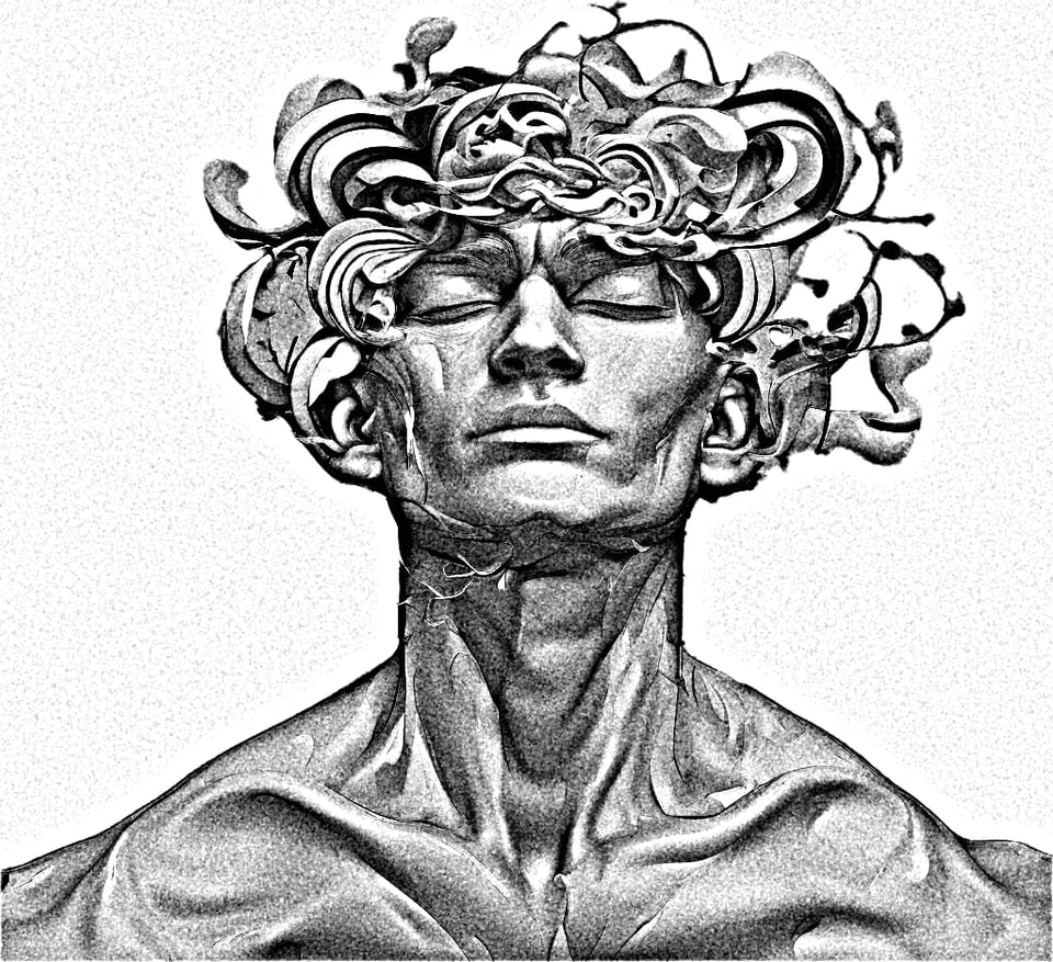 A human head with flowery growth sprouting from it.