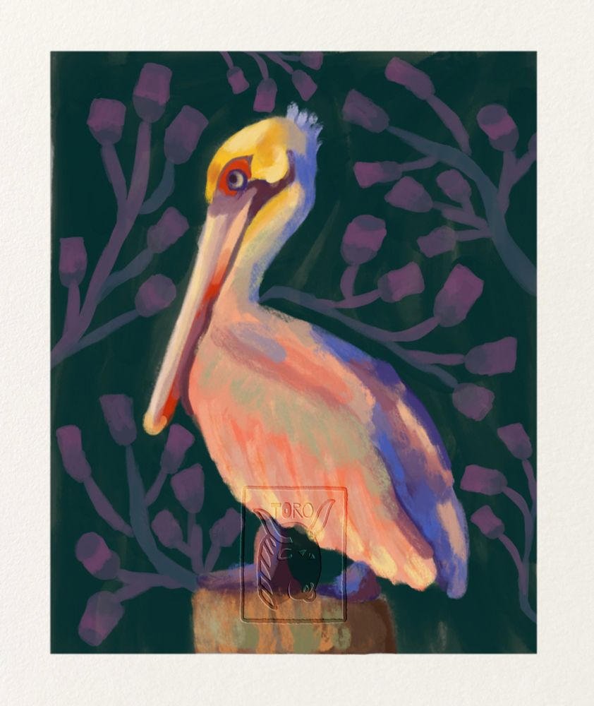 Illustration of a colorful pelican standing on a post surrounded by orozús plant.