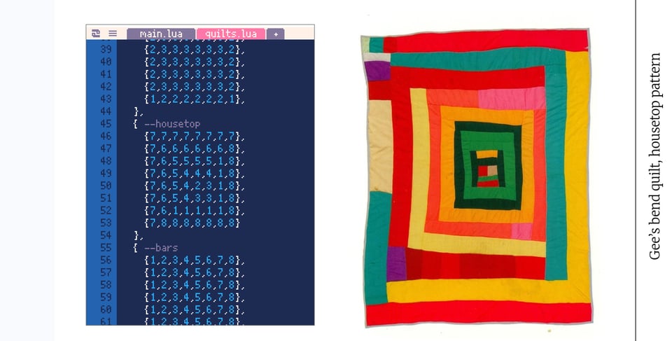 An encoding of the housetop quilt pattern and a Gee's bend quilt of that pattern Housetop quilt pattern with data and source