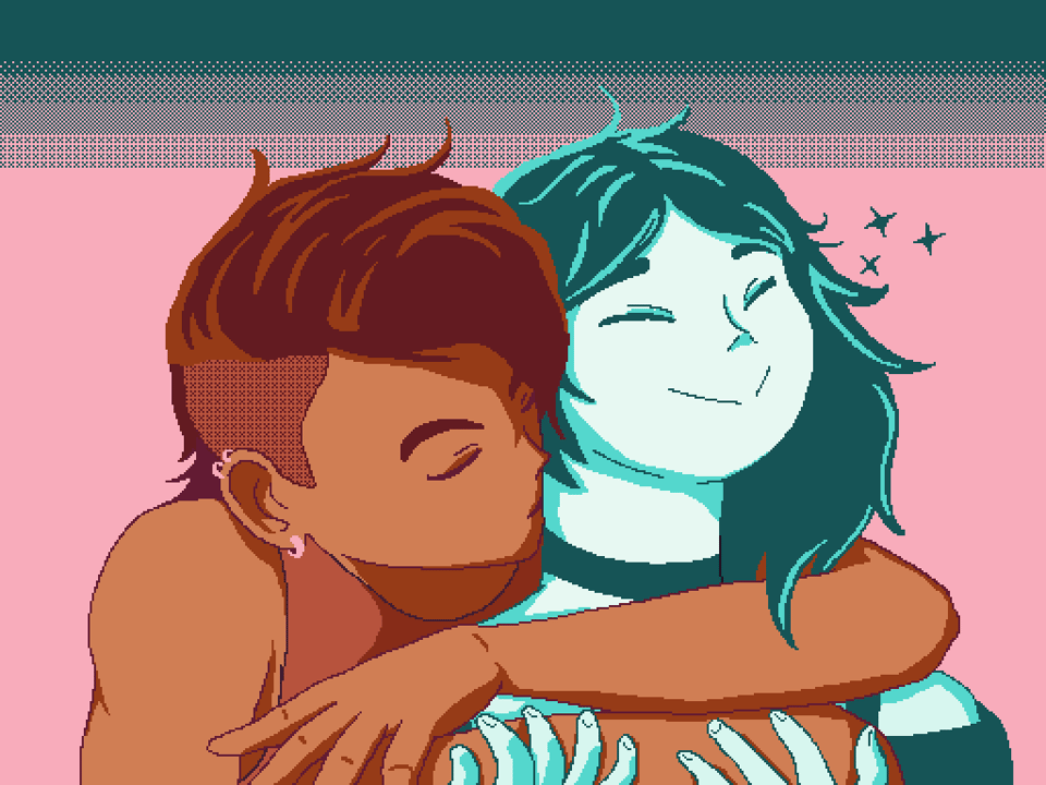 pixel art in reds and greens. Shows Sophie and Anna from my game, BOSSGAME: The Final Boss is My Heart. Anna is holding Sophie from behind and kissing her neck.