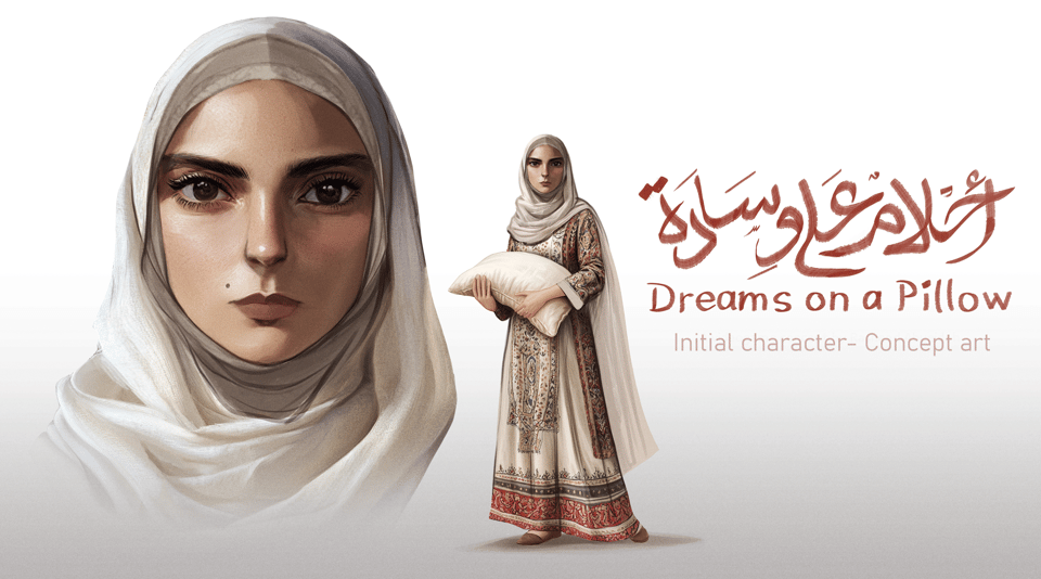 Concept art of Dreams on a Pillow's main character. A full lenght portrait and a close-up. She's wearing a white hijab and a fancy dress. Her look is very determined. She is holding a white pillow.