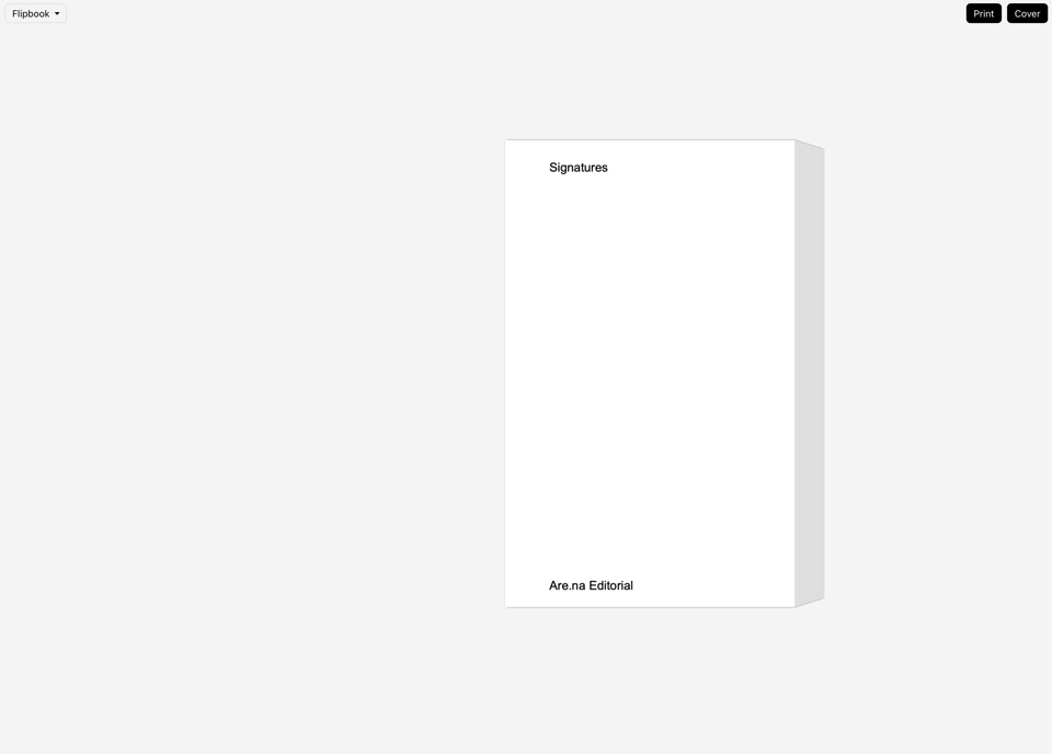 A mock up of a print.are.na book: an all white cover with just the title, Signatures, and author, Are.na Editorial, in black type.