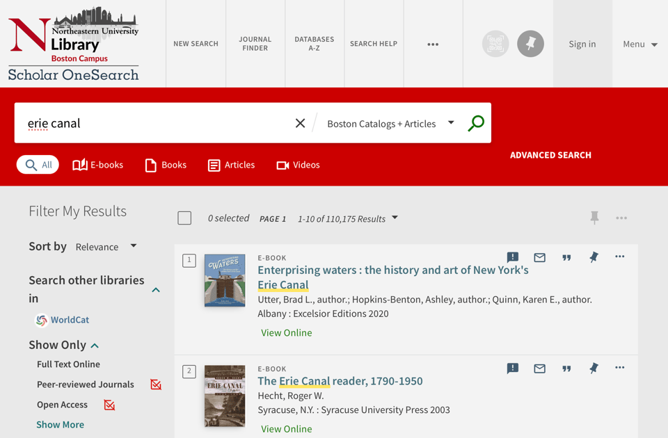 The results page on a library website showing the query for "Erie Canal" and many matches below