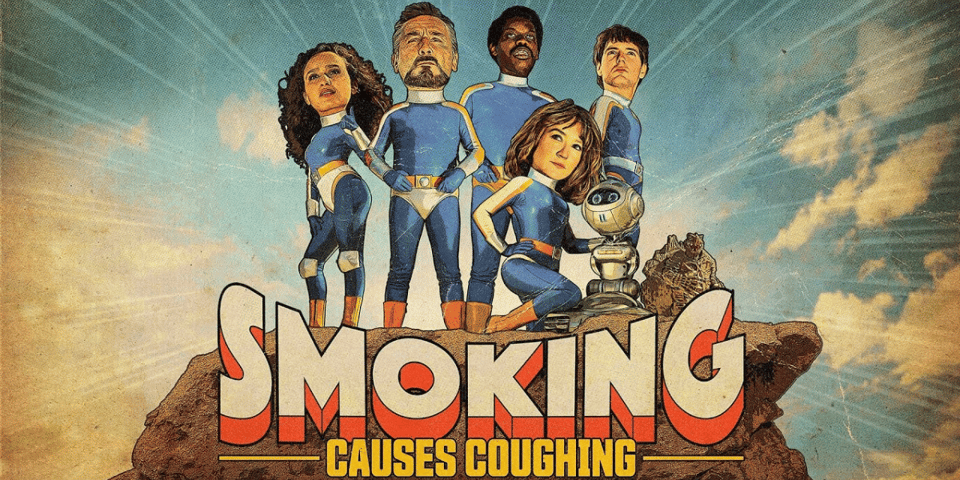 The cast of Smoking Causes Coughing pose in skin-tight lycra.