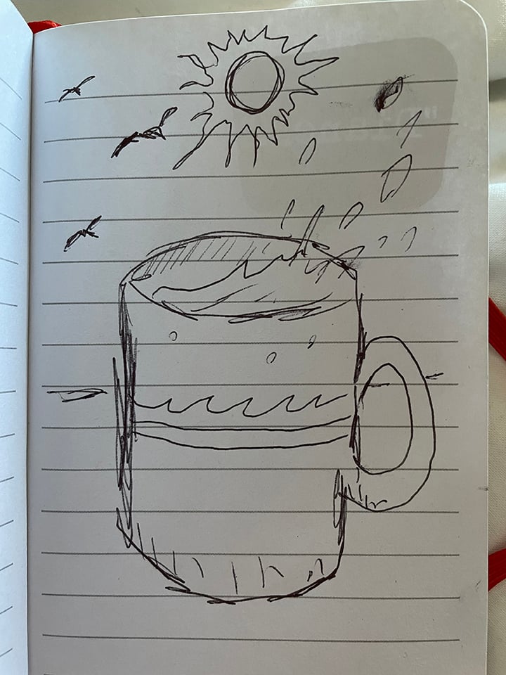 A quick sketch of a coffee cup with a wind-whipped sea inside it