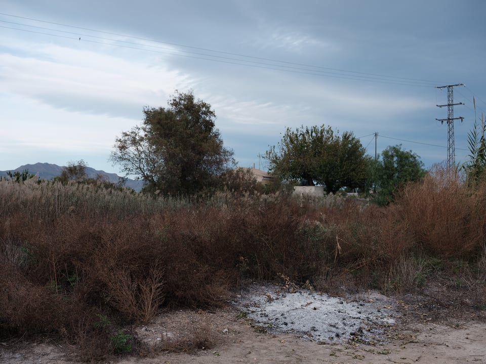 Paraje de la huerta murciana. En primer plano un montón de cenizas, luego vegetación y una construcción.