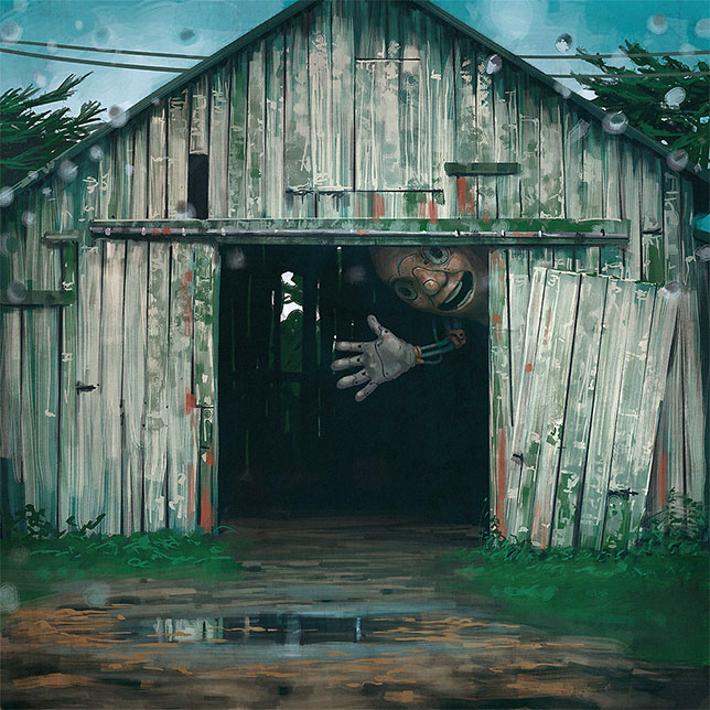 big smiley drone waves from inside a barn