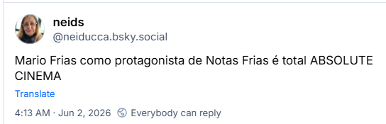 Post de neids (‪@neiducca.bsky.social‬): Mario Frias como protagonista de Notas Frias é total ABSOLUTE CINEMA