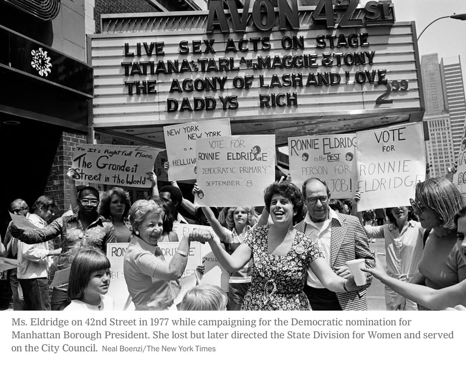 Eldridge is survived by three children from her first marriage, Daniel, Emily and Lucy Eldridge; four stepchildren, James, Kevin, Patrick and Christopher Breslin; six grandchildren; six step-grandchildren; and a step-great-grandchild.
