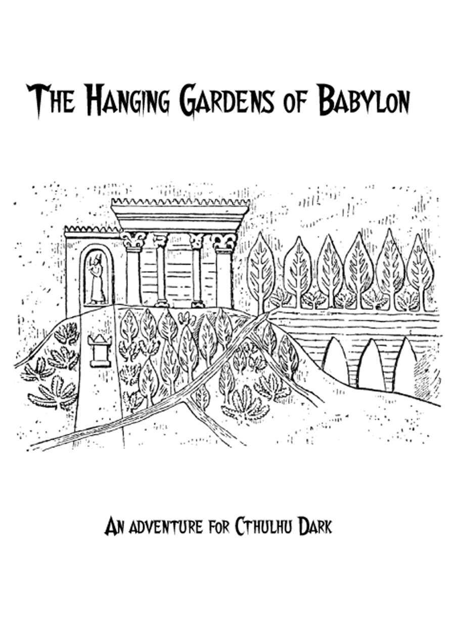 a black and white line drawing of the ancient seven wonder of the world, the hanging gardens of Babylon