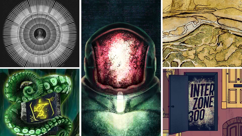 a collage of images from the flash fiction online, pseudopod, interzone and strange horizons websites, each corresponding to one of the stories in this edition