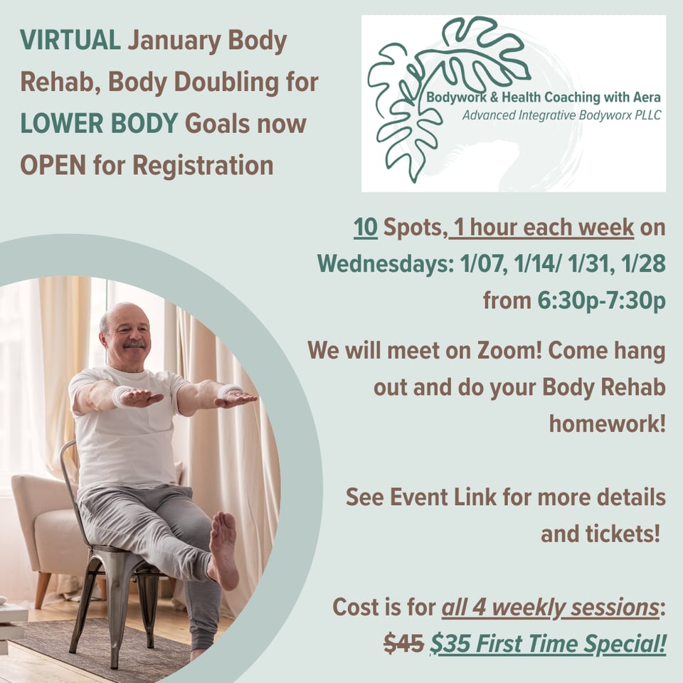 The flyer for the online january body doubling pod. Featuring an image of person in a chair doing chair yoga. All dates for All wednesdays in january, starting 1/7 is listed.