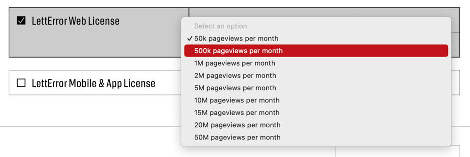 Screenshot of the LettError font shop window. Particularly, the pop up menu that shows the different tiers of traffic for web licenses.
