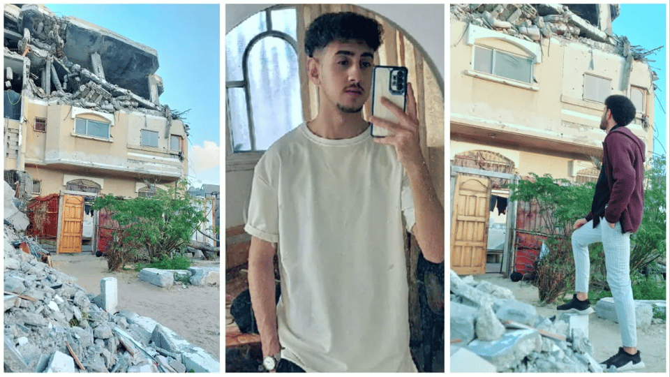 a young man posing next to destoryed buildings