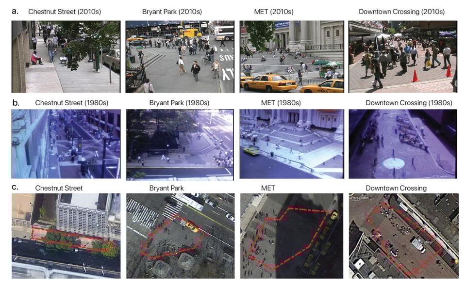 A grid of photos showing four different city intersections, with the photos taken in the 1920s and in the 1980s. The locations are: chestnut St., Bryant Park, MET, downtown Crossing.