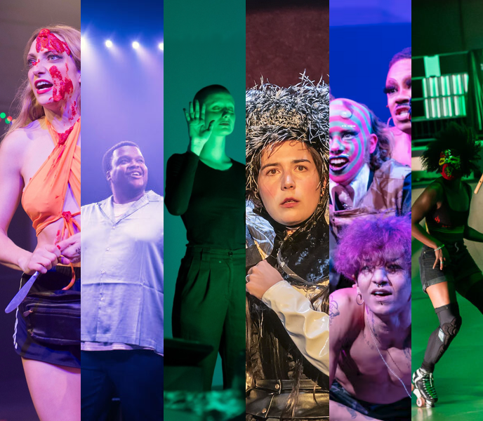 Six thin images arranged vertically. In order from left to right: the performer Lucy McCormick, wearing an orange halterneck top and gym shorts, covered in fake blood and holding a knife, in Lucy and Friends; the performer Nathan Queeley-Dennis, earing a blue silk shirt and white t-shirt, looking well chuffed, in Bullring Techno Makeout Jamz; the performer Jenny Witzel, dressed in a black long-sleeved t-shirt and black pants, eyes closed and holding up one hand, in Creekshow; the performer Norah Lopez Holden, wearing a feathery black-and-white hat and a vinyl, leather and lace dress, looking shocked, in The Flea; three drag performers - from bottom to top, CHIYO, Wet Mess and Rhys' Pieces -looking off-stage, in The Sound of the Underground; a roller-skater - the performer Mary Pop Wheels - wearing a red and yellow luchadore mask, jean-shorts and a crop top with flames on it, in Skatepark.