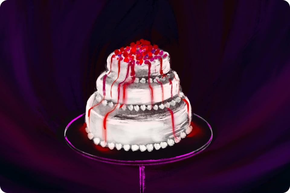 three layered cake with berries and red juices dripping