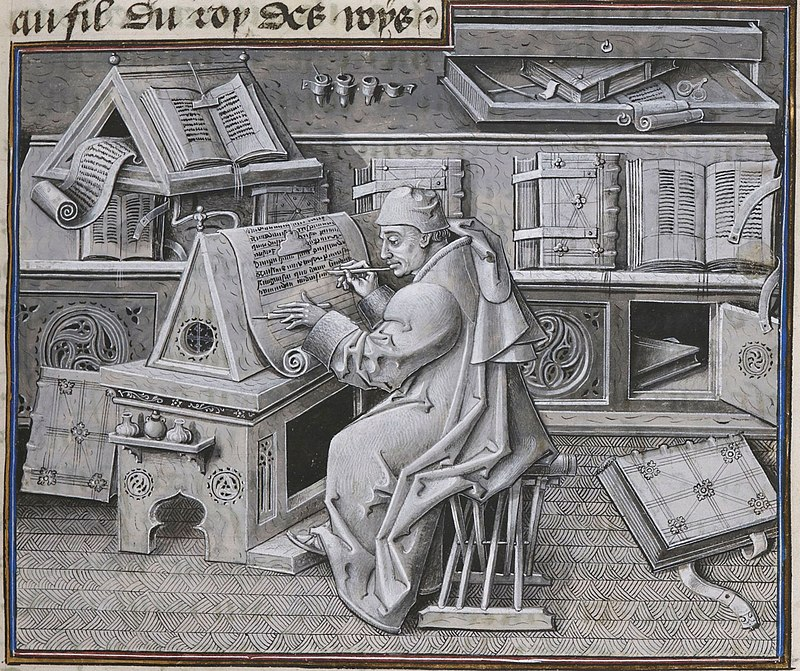 A medieval illustration of a man in a robe sitting at at desk, writing with a pen or pencil on a large coiled piece of parchment. The room is strewn with other old manuscripts and books. He looks slightly bored