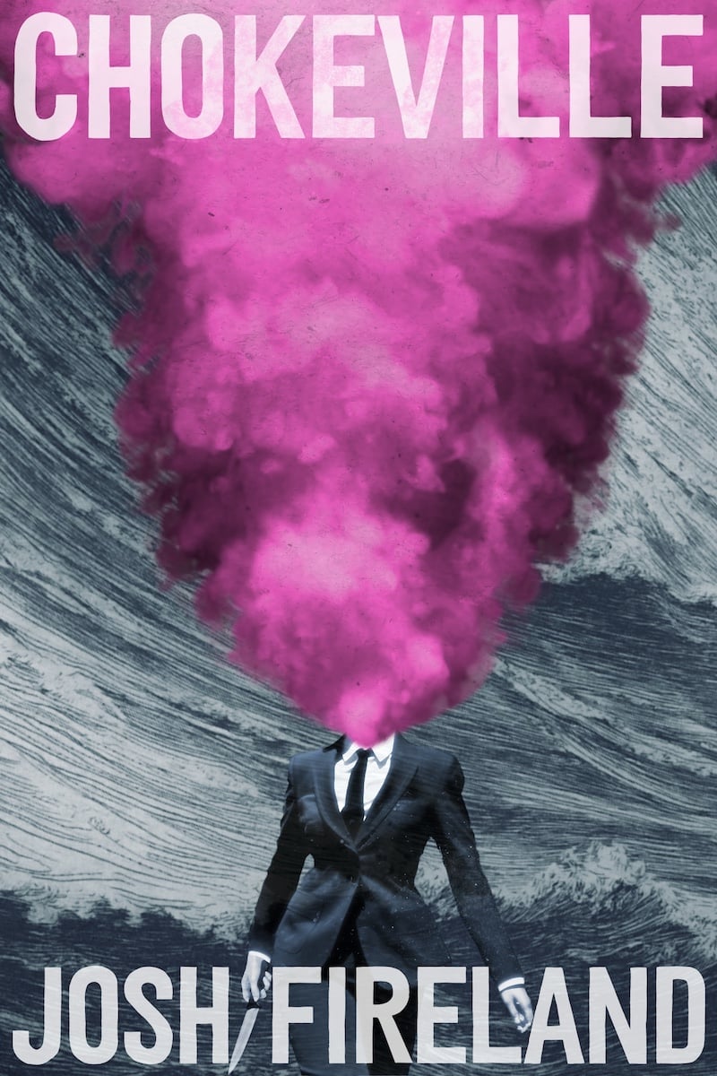 The cover of Chokeville. There is a lady in a suit holding a knife and a big pink cloud of smoke emerging from her neck-hole.
