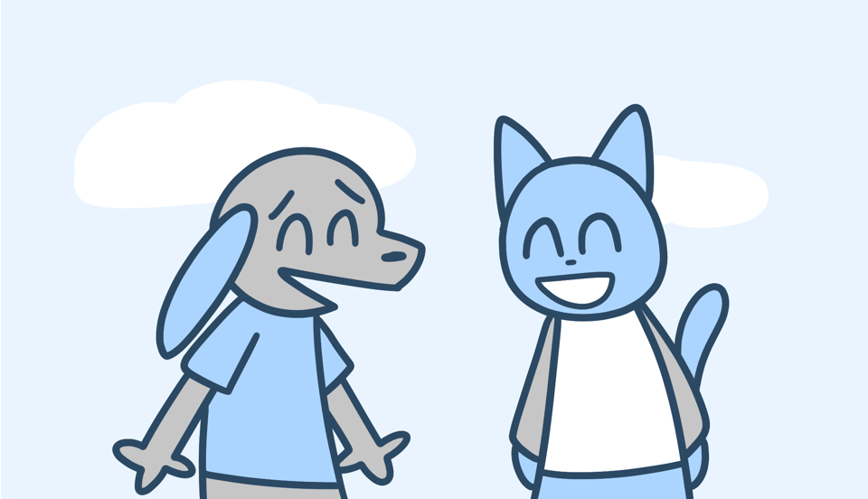 An anthropomorphic dog and an anthropomorphic cat, both smiling together