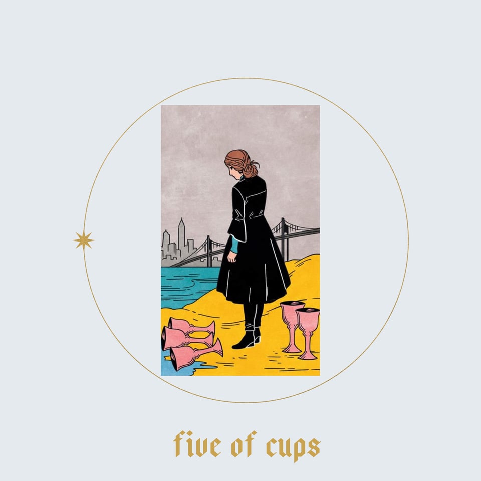 Image of the Five of Cups from the Modern Witch Tarot deck.