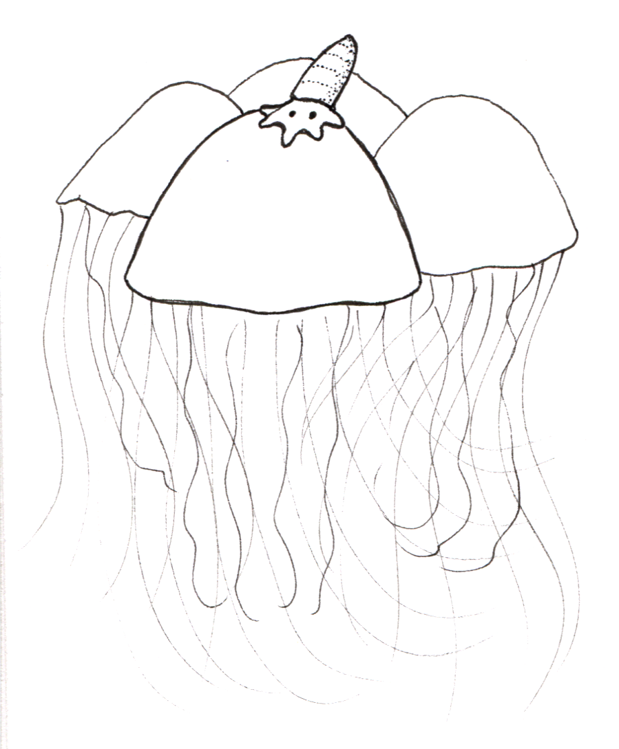 Simple ink drawing of a group of four jellyfish. Riding atop the bell of the center jelly is an Eoceras, a tiny ancient shelled cephalopod ancestor.